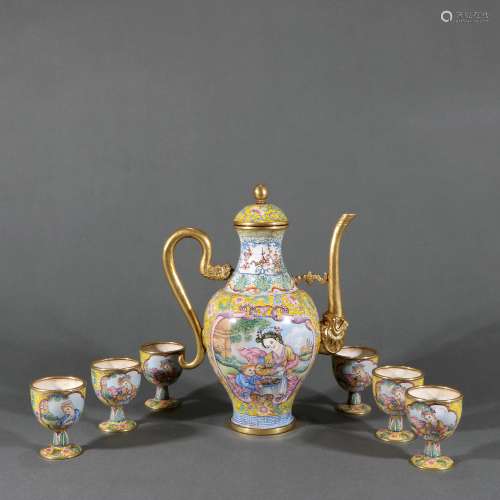 Set Of Bronze Enamel Painting Tea Pots, China