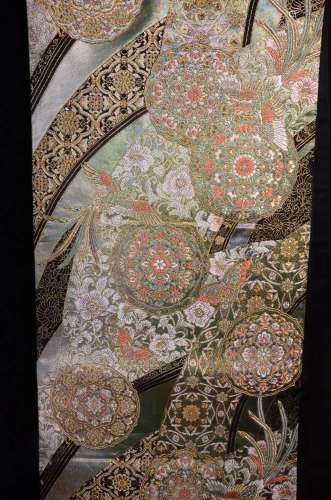 昭和
(1926-1989) 日本西阵织六通 满工凤鸟花卉纹正绢 布料