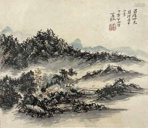 黄宾虹 河舟小景 设色纸本镜框