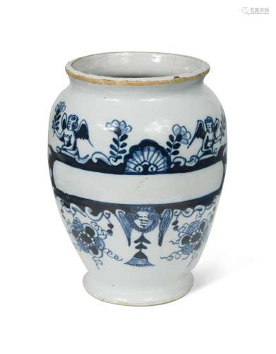 A London delft blue and white drug jar, circa 1700,