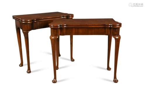 A near pair of George II mahogany card tables,