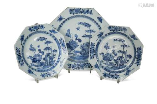 Eight Chinese export blue and white plates, 18th century,