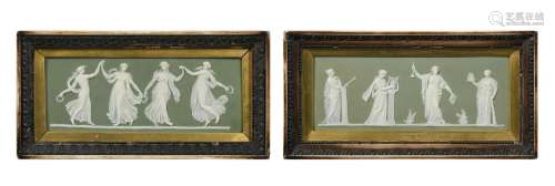 A pair of Wedgwood green jasperware plaques,