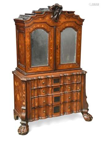 A miniature Dutch walnut and floral marquetry cabinet on che...
