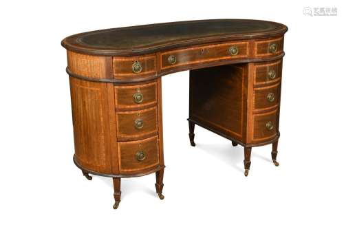 An Edwardian mahogany and satinwood pedestal desk,