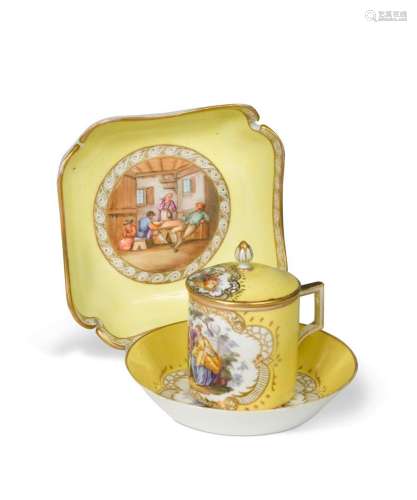 A Meissen yellow ground can, cover and stand, late 18th cent...