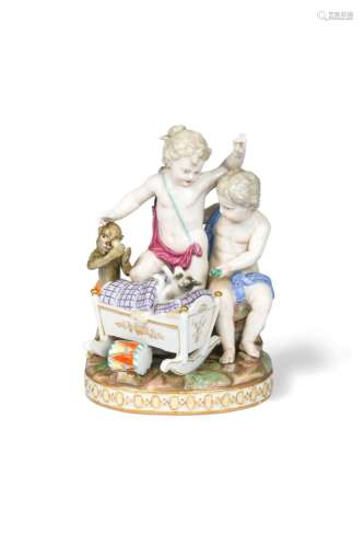 A Meissen group of two putti with a monkey and a crib, late ...