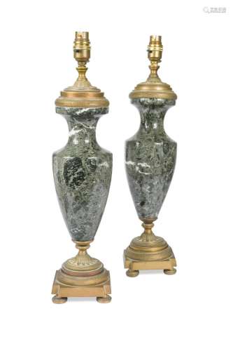 A pair of green marble table lamps, 20th century,