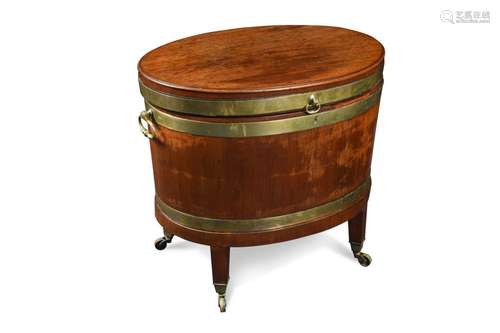 A George III mahogany and brass bound oval wine cooler,