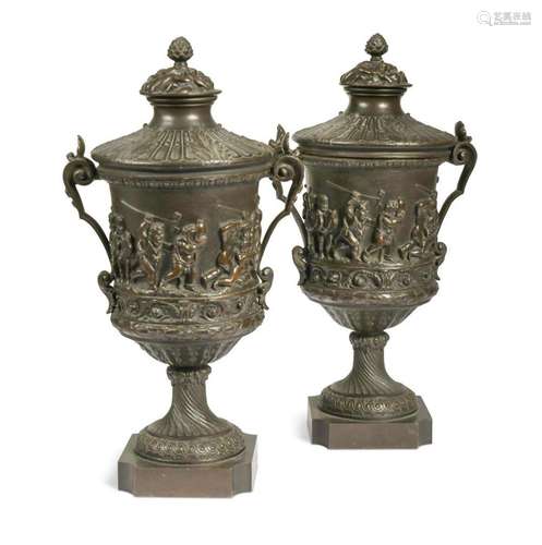 A pair of French bronze urns and covers, late 19th century,