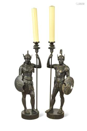 A pair of spelter figural lamps of Greek warriors,