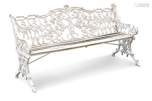 A cast iron white painted Coalbrookdale style garden bench, ...