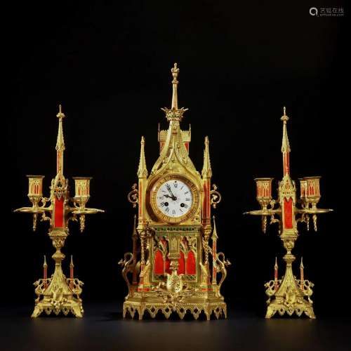A Set of Bronze-gilt Clock with Candlesticks