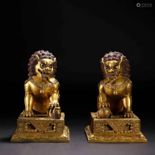 Matched Pair of Chinese Bronze-gilt Fo Dogs