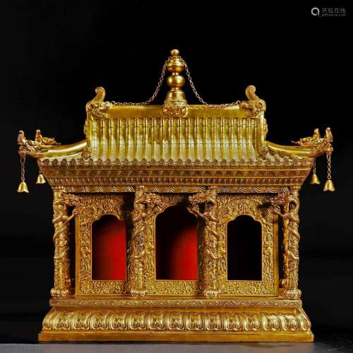 A Chinese Bronze-gilt Pavilion Shaped Niche