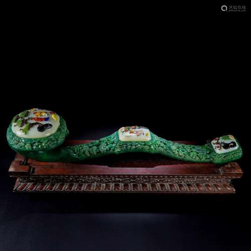 A Large Chinese Hard-stones Inlaid Carved Jasper Ruyi Scepte...