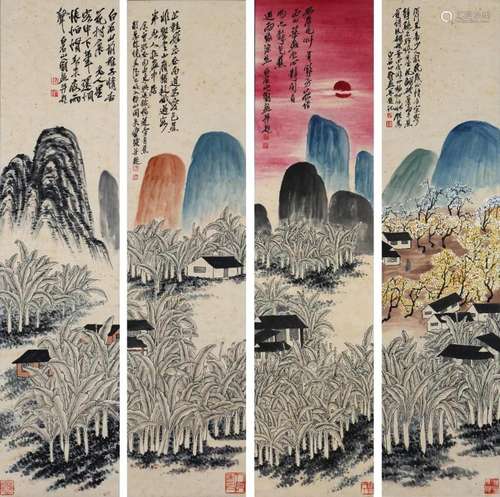 Four Pages of Chinese Scroll Painting Signed Qi Baishi