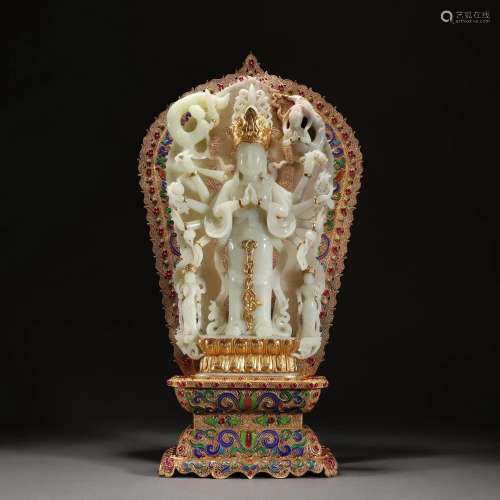 A Large Chinese Carved White Jade Standing Bodhisattva