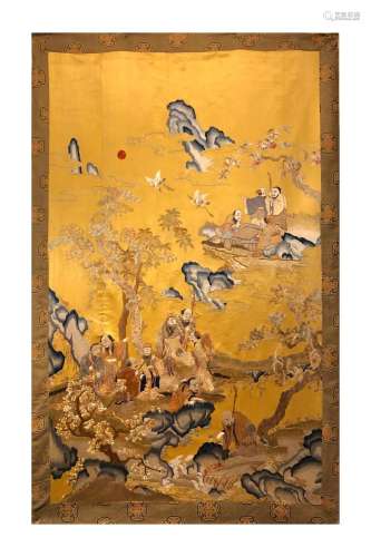 A Chinese Embroidered Immortal Group Hanging Panel