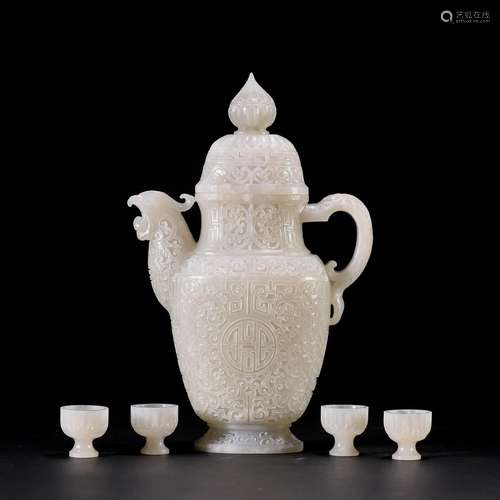 A Set of Chinese Carved White Jade Wine-wares