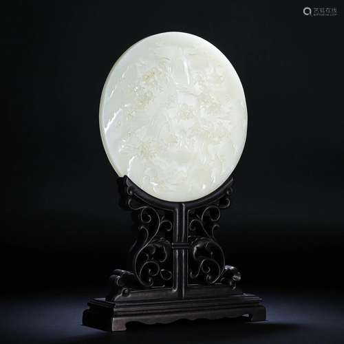 A Chinese Carved White Jade Table Screen