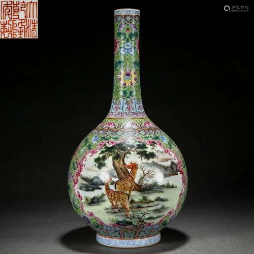 A Chinese Famille Rose Deers Bottle Vase