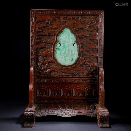 A Chinese Carved Jadeite Inlaid Boxwood Table Screen