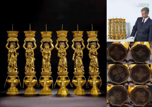 A Group of Six Chinese Bronze-gilt Candlesticks