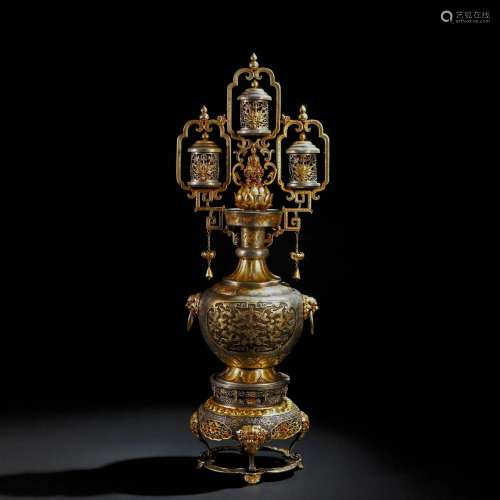 A Chinese Bronze Partly Gilt Lamp