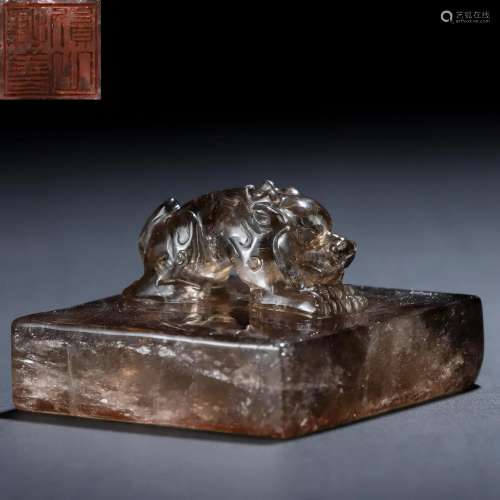 A Chinese Carved Smoky Quartz Beast Seal