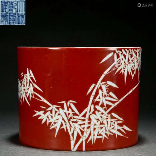 A Chinese Red Glaze Bamboo Brushpot