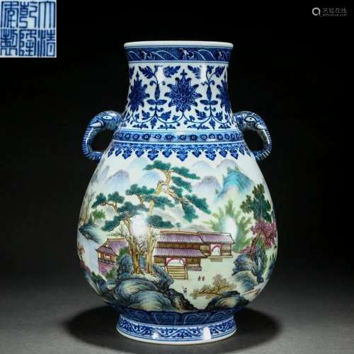 A Chinese Underglaze Blue Famille Rose Zun Vase
