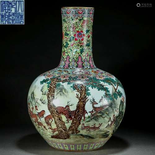 A Chinese Famille Rose Deers Globular Vase