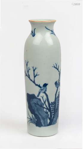 A Chinese cylindrical blue and white porcelain vase decorate...