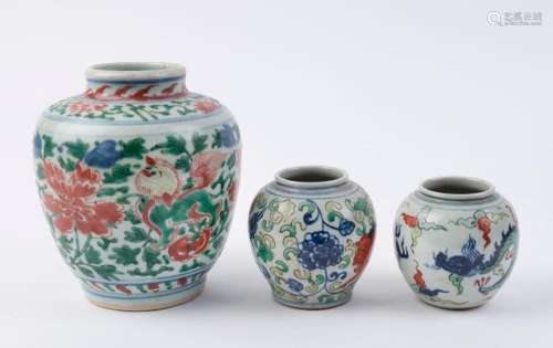 Three Wucai Chinese ceramic vases, Ming Dynasty, one with Ch...