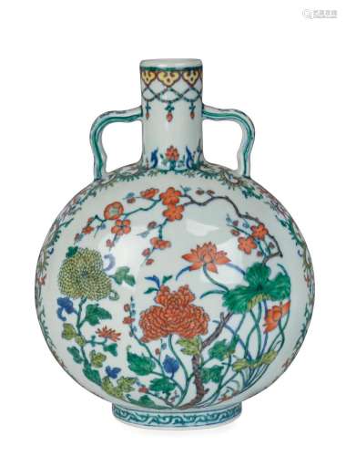 A Chinese moon flask Douchai vase decorated with lotus, peon...