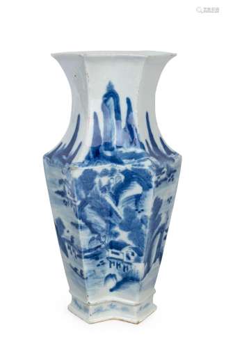 A Chinese blue and white faceted 8 sided vase decorated with...