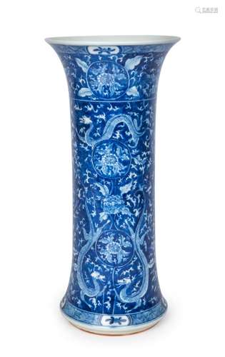 A Chinese blue and white cylindrical porcelain vase with fla...