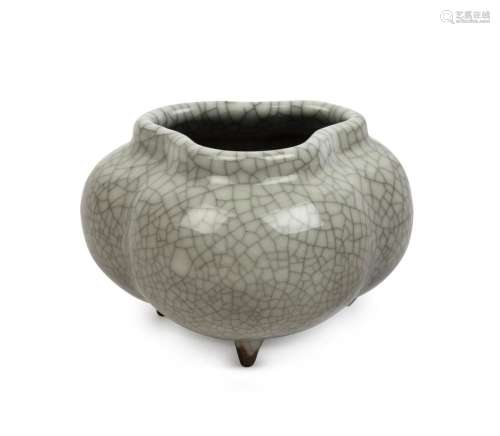 A Chinese Guan style three lobed bowl sitting on three fine ...
