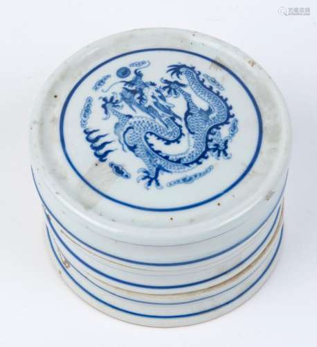 A Chinese three sectional blue and white porcelain paste jar...