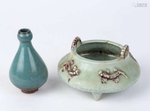 A Chinese celadon bowl together with a Jun glazed vase, the ...