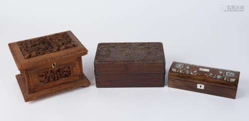Three assorted antique Chinese wooden boxes including very d...
