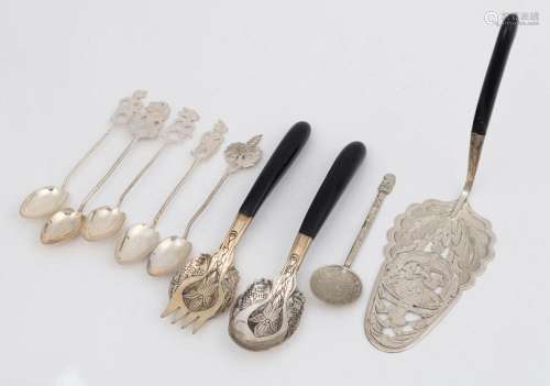 Eastern silver spoons and servers, (9 items)