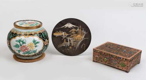 Two Chinese enamel boxes together with a Japanese silver inl...