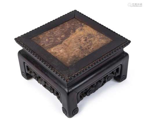 A square Chinese carved rosewood and marble inlaid stand, Qi...