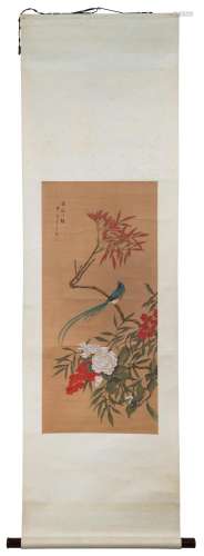A Chinese watercolour on silk of a bird and flowers, 84 x 37...