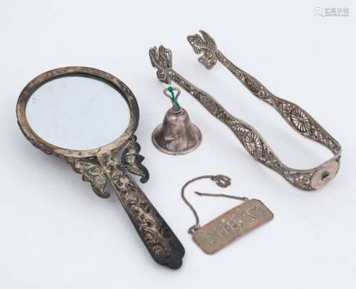 Chinese silver inlaid hand mirror, filigree tongs, silver be...