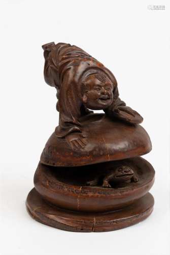 A Money Frog and boy (Lui-Hai) Chinese carved bamboo root st...