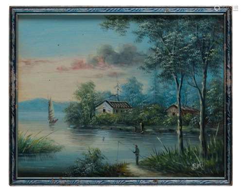Three China Trade paintings including two landscapes and one...