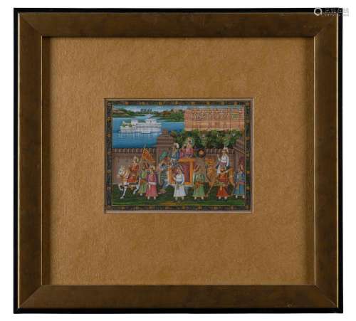 An antique Indian painting of a royal procession, 19th centu...